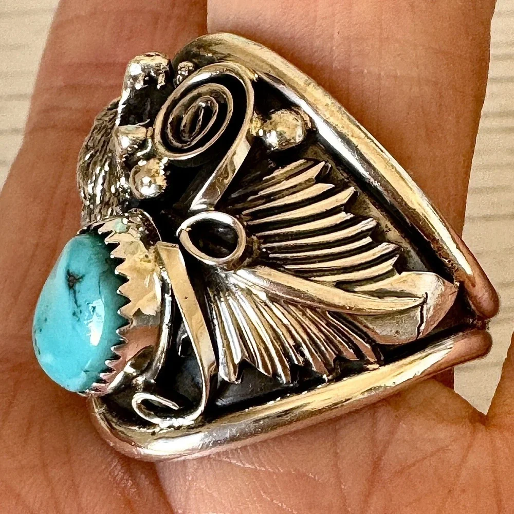 Navajo Wolf Turquoise Mens‎ Ring Sz 13 Sterling Signed Saunders Howling Nugget